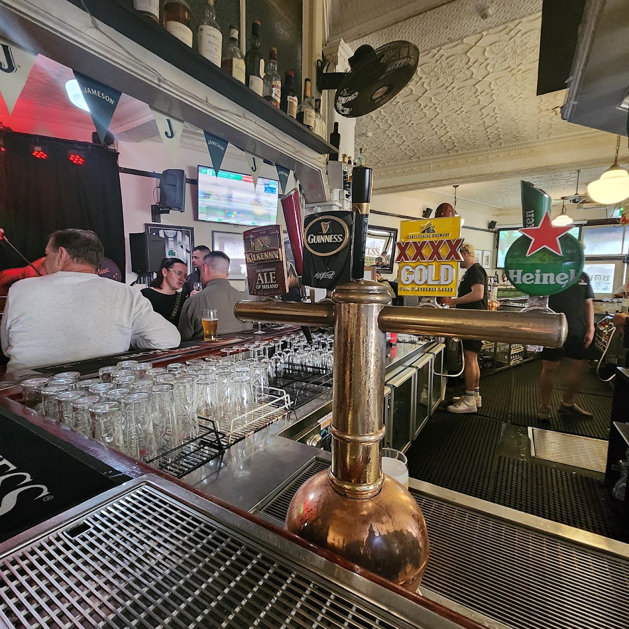 The Mercantile Hotel bar with taps and live music stage